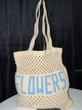 Cream Crochet Tote Bag with Blue Lettering